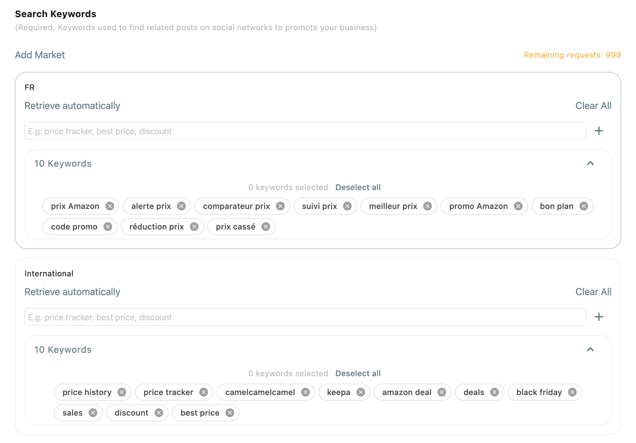 Multi-market targeting interface showing country-specific keyword suggestions with AI-powered automatic retrieval for global audience reach